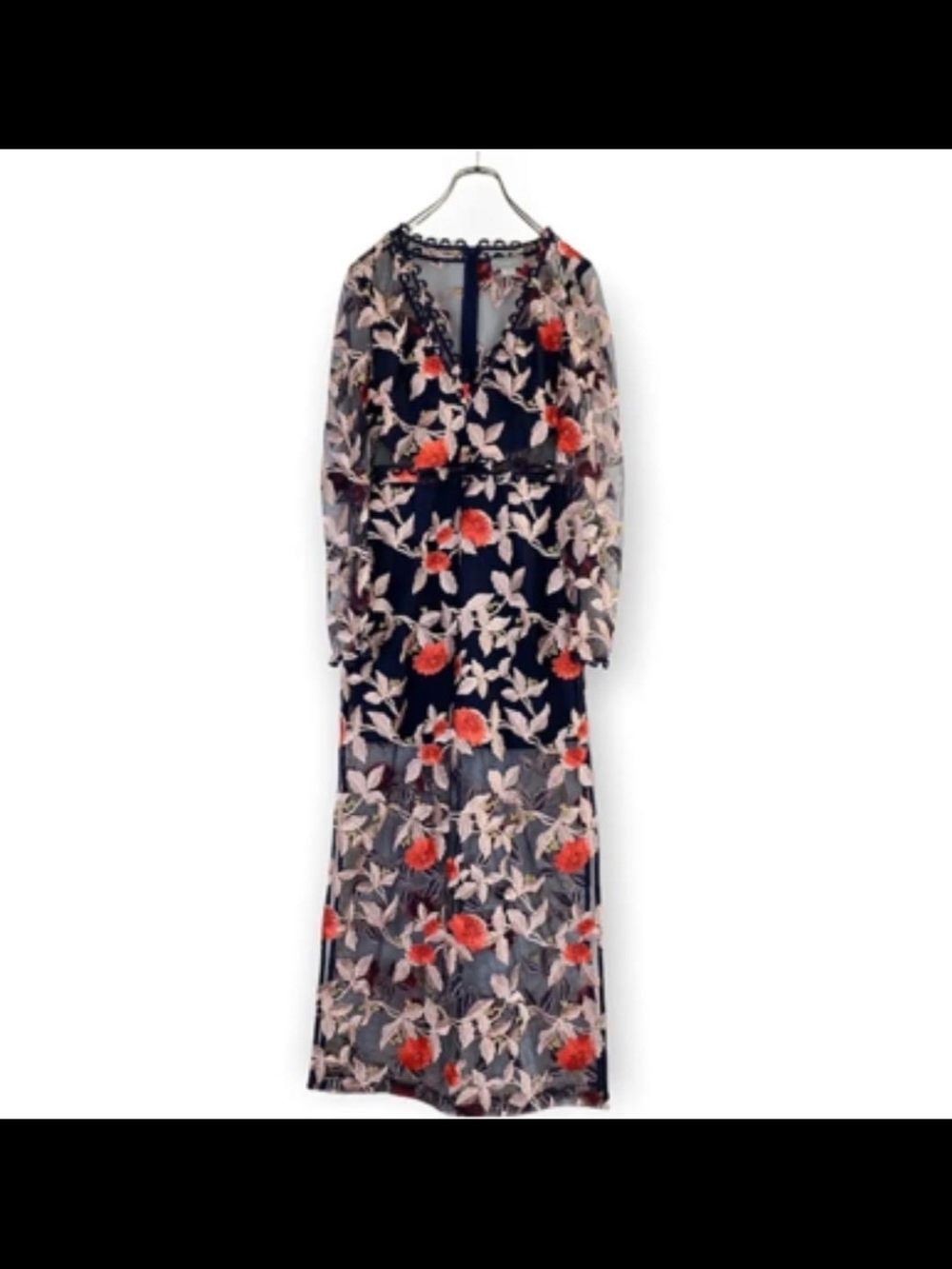 Finders Keepers Navy Maxi Sheer Dress with Red and Blush Floral Embroidery